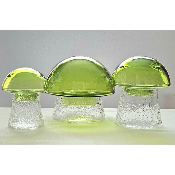 A Set of Three Vintage Handblown Glass Green Mushroom Canisters 6", 5.5" , 5" - Picture 1 of 10